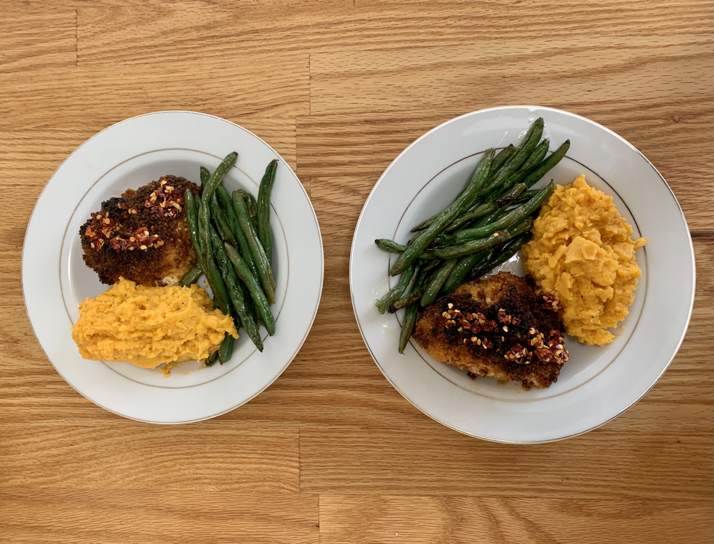 Hello Fresh Spicy Maple Chicken with Mashed Sweet Potatoes & Roasted Green Beans